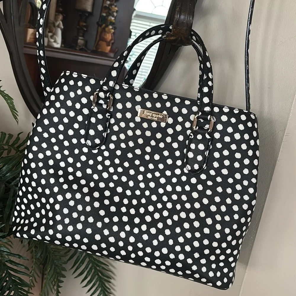 Kate Spade Black & White Dotted Handbag Crossbody Purse Evangelie Laurel Satchel